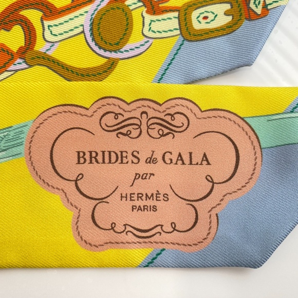 HERMES SILK YELLOW BEIGE BROWN BLUE Bandeau TWILLY WRAP - Picture 6 of 16